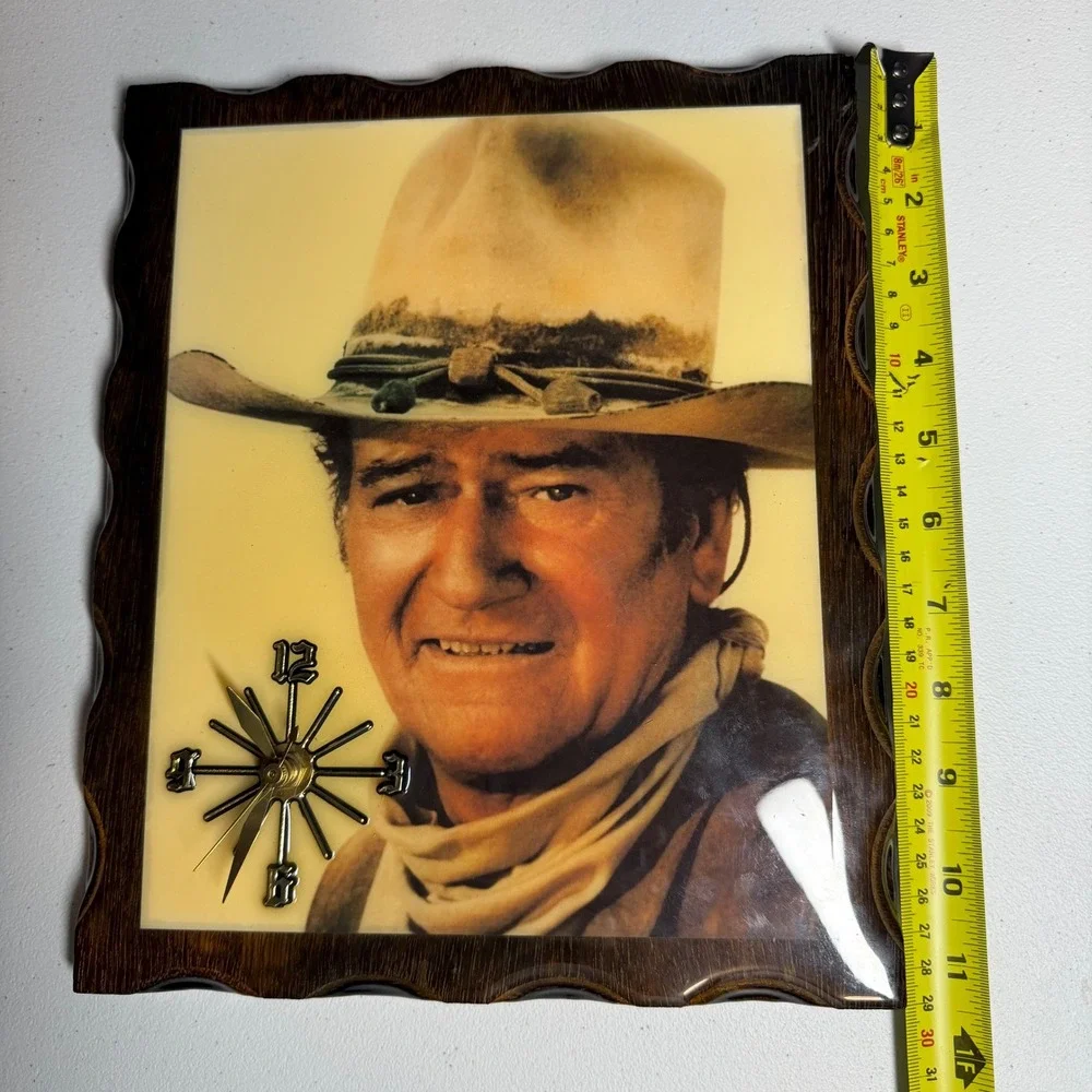 AS IS John Wayne Wall Clock 11.5x9.25 Brown Wood‎ Resin Portrait Vintage Style